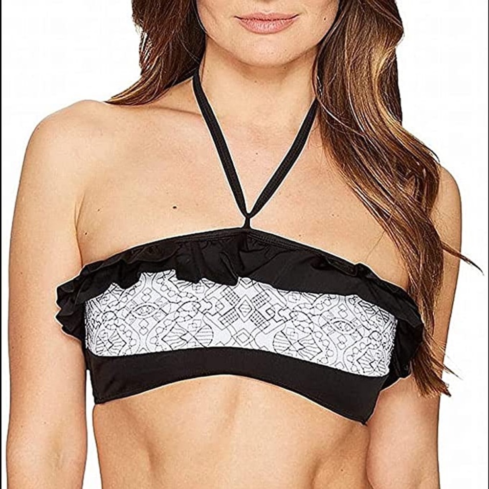 Jonathan Simkhai Women's Geometric Size Large Swimwear Ruffle Bikini Top Black